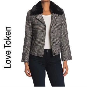 Love Token Black Plaid Faux Fur Collar Jacket